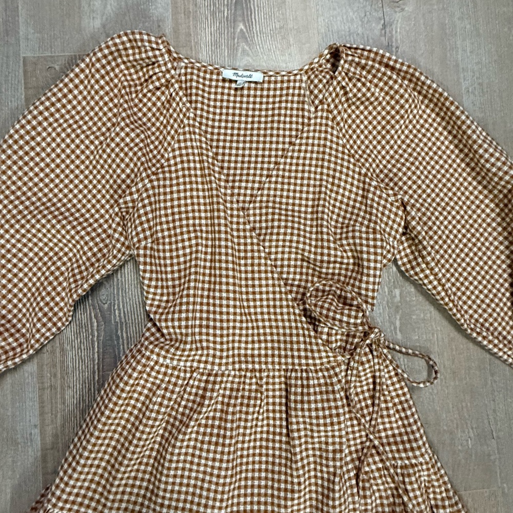 Madewell Brown Cream Gingham Wrap Dress - Picture 8 of 11